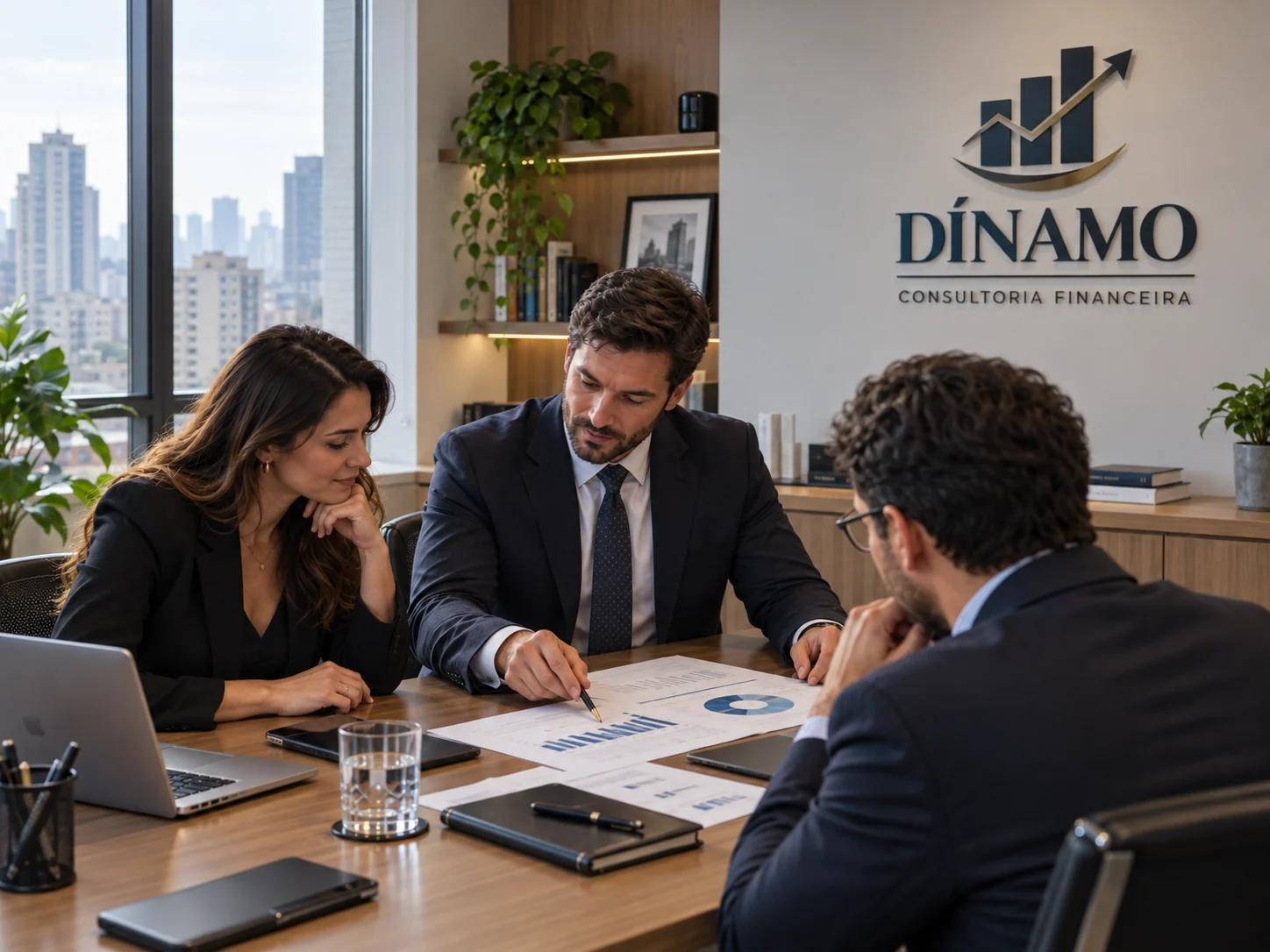 Cena ilustrativa de consultoria, com pessoas analisando documentos em ambiente com a marca Dínamo